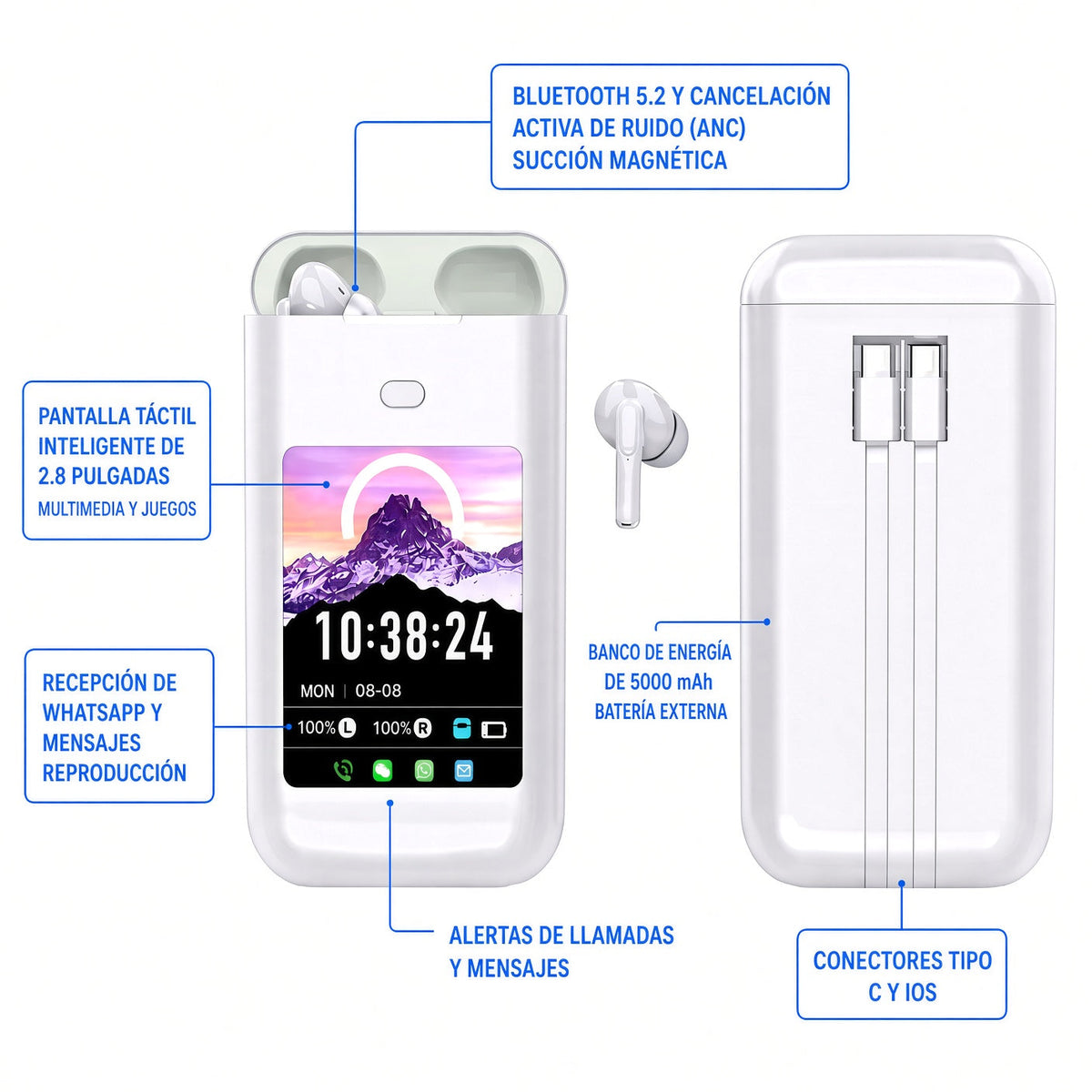 Audífonos inalámbricos con estuche de carga y pantalla táctil